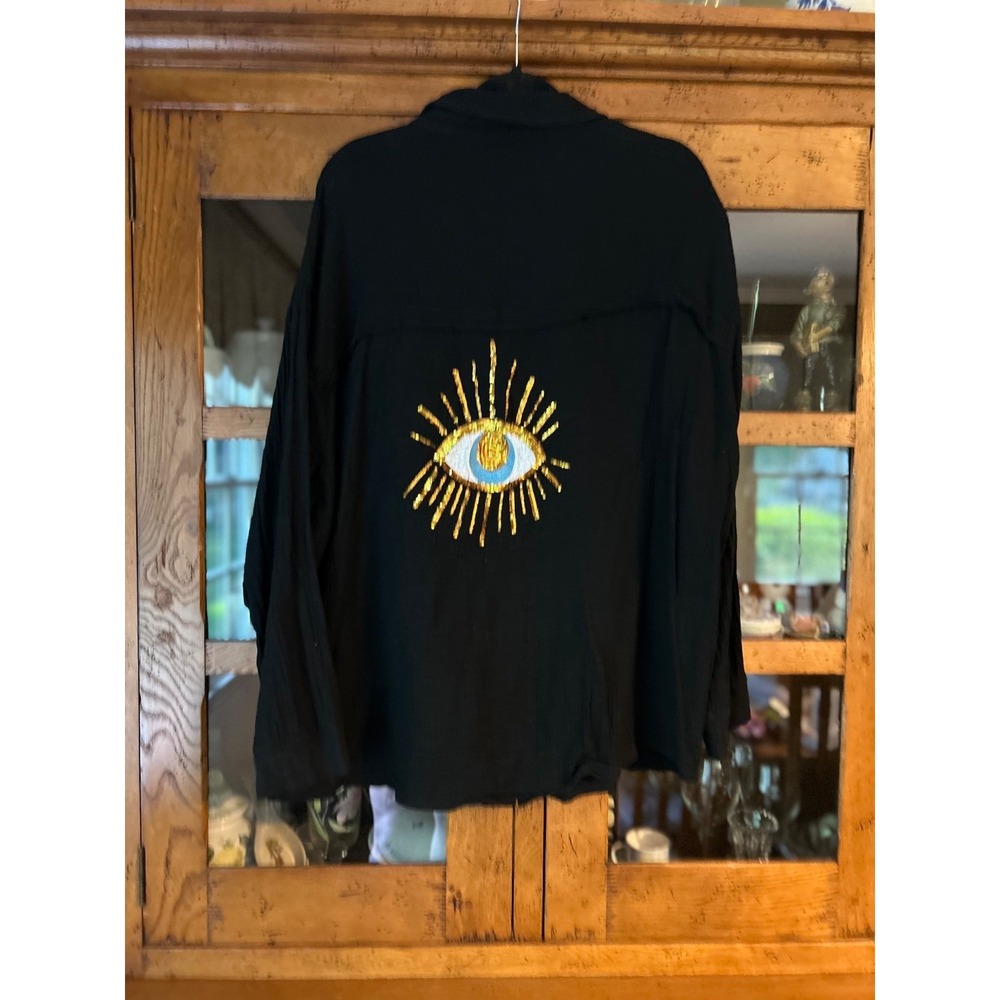 Evil Eye Women's Oversized Gauze Collared Button Blouse Coverup EUC Black XL